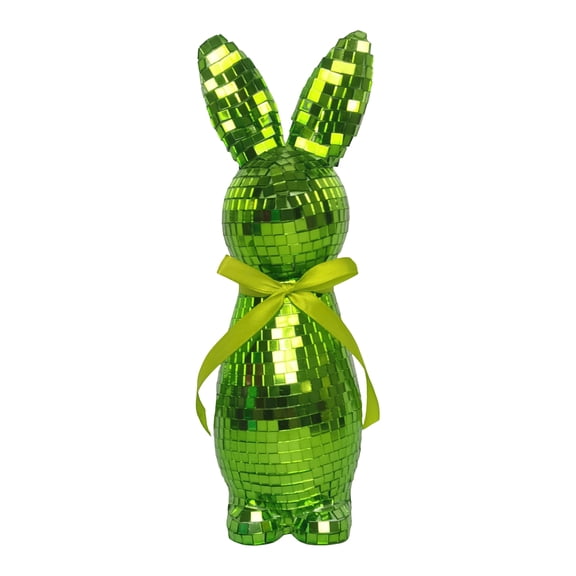 Easter Disco Bunny Figurine with Bow, Shiny Green Mirror Rabbit Statue, Reflective Disco Ball Style Easter Decoration for Tabletop Centerpiece, Shelf, Mantel, Party, Modern Spring Home Decor