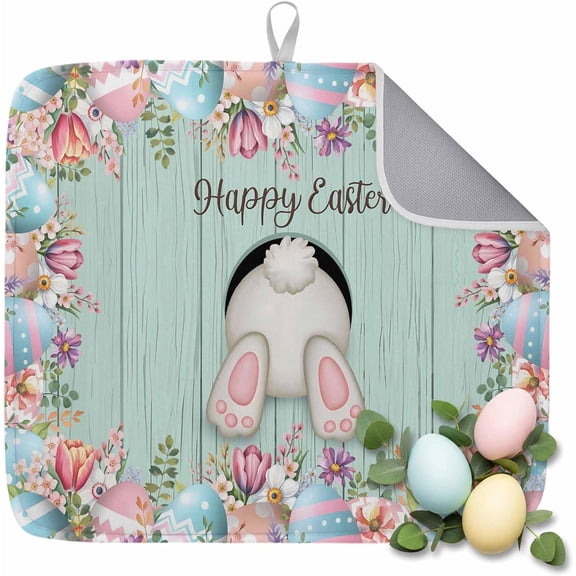 Easter Dish Drying Mat for Kitchen Counter Bunny Butt Eggs Drying Pad Absorbent Drying Mats for Countertops Sinks Draining Racks Funny Rabbit Tail Floral Wood Drainer Spring Decor 16x18 Inch