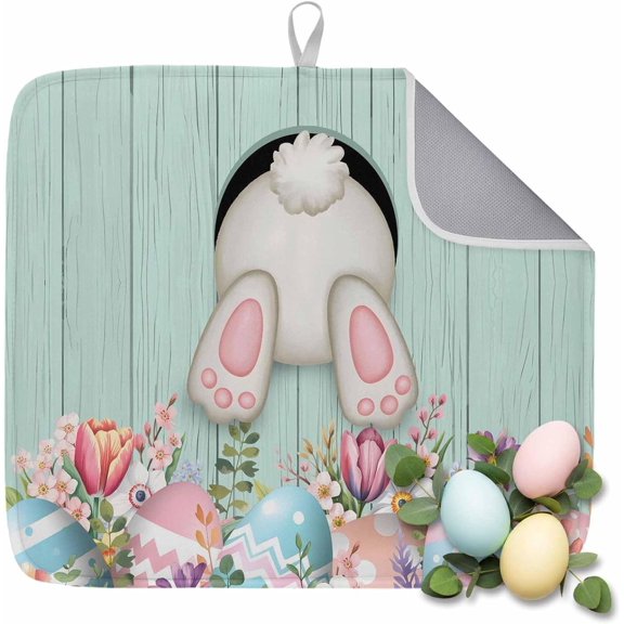 Easter Dish Drying Mat for Kitchen Counter Bunny Butt Eggs Drying Pad Absorbent Drying Mats for Countertops Sinks Draining Racks Funny Rabbit Tail Teal Wood Drainer Spring Decor 16x18 Inch