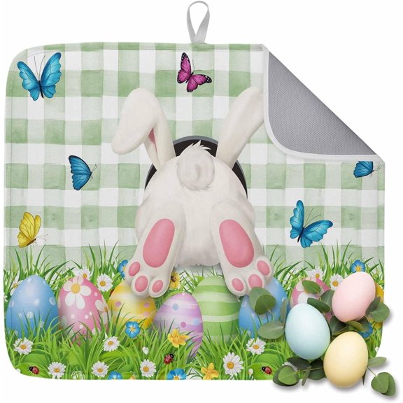 Easter Dish Drying Mat for Kitchen Counter Bunny Rabbit Butt Eggs Drying Pad Absorbent Drying Mats for Countertops Sinks Draining Racks Butterfly Flower Green Plaid Drainer Spring Decor 16x18 Inch