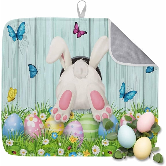 Easter Dish Drying Mat for Kitchen Counter Bunny Rabbit Butt Eggs Drying Pad Absorbent Drying Mats for Countertops Sinks Draining Racks Butterfly Flower Teal Wood Drainer Spring Decor 16x18 Inch
