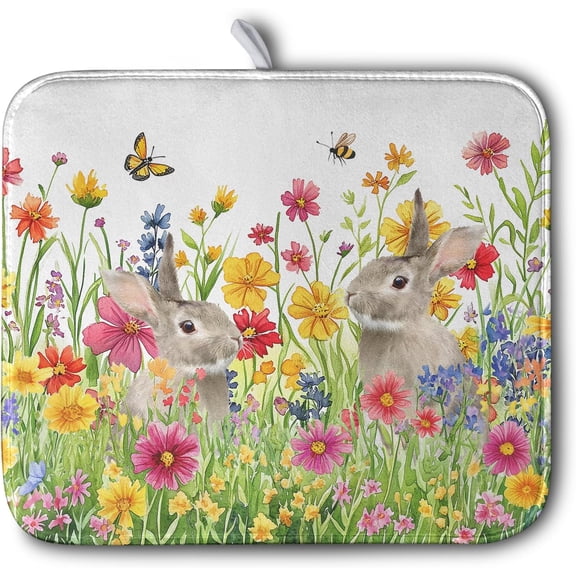 Easter Dish Drying Mat for Kitchen Counter Easter Bunny Flowers Dish Drying Pad Spring Rabbit Floral Dishes Drainer Mats Absorbent Microfiber Kitchen Countertop Protector Drying Mats 16x18 in