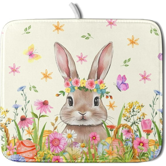 Easter Dish Drying Mat for Kitchen Counter Spring Easter Holiday Dish Drying Mat 16X18 Inch Reversible Absorbent Dish Pad Spring Wildflowers Dishes Drainer Pad Dish Drying Rack Mat for Countertop