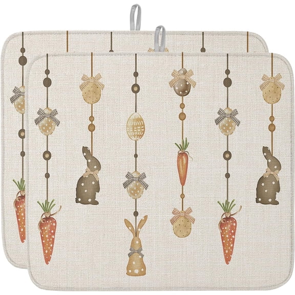 Easter Dish Drying Mat for Kitchen Counter, Vintage Bunny Carrot Boho Beige Eggs Absorbent Reversible Dish Drainer Rack Mats for Coffee Bar Mats 16''''x18'''' 2 PCS