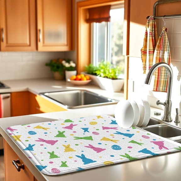 Easter Dish Drying Mat for Kitchen Counter, Microfiber Absorbent, Compact Draining Mat for Countertops, Foldable for Utensils and Cookware