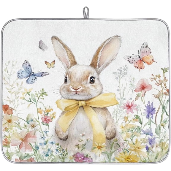 Easter Dish Drying Mat for Kitchen Counter, Spring Flowers Easter Rabbit Drying Mats Super Absorbent Microfiber Dishs Pad Coffee Bar Mat Extra Large