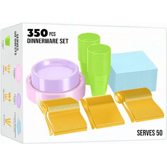 Easter Disposable Dinnerware Set: 9 Inch Dinner Plates, 7 Inch Dessert Plates, 12 Oz Cups, 13 Inch Napkins, and Cutlery for 50 Guests