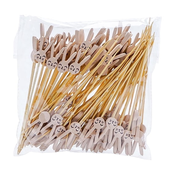 Easter Disposable Wooden Fruit Skewers 100-Pack with Gray Rabbit Design, Appetizer Pick for Cocktail Sandwich Fruit Party Decorative Toothpicks