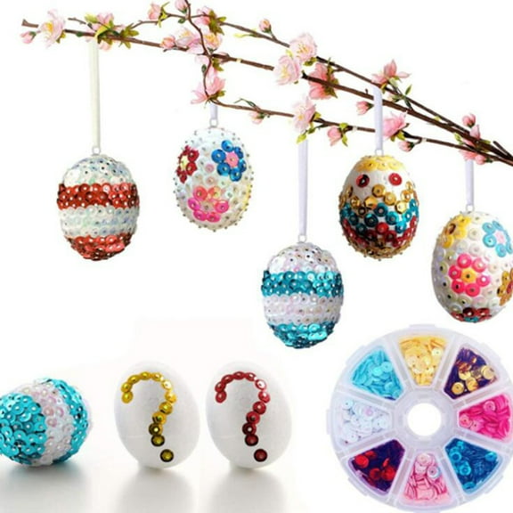 Easter Diy Sequined Egg Craft Kit With 5 Polystyrene Eggs, 8-Color Sequins, Craft Pins, Rings, Ribbons & Storage Box - Versatile For Painting, Gluing, Decorating - Ideal