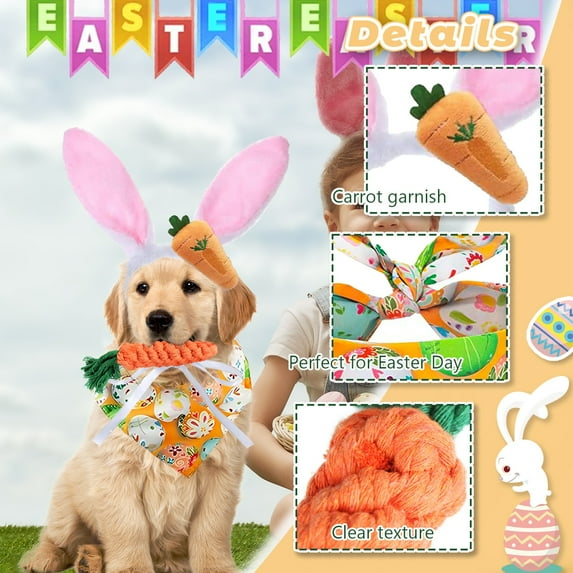 Easter Dog Costumes Cute Bunny Ears Headband Reversible Eggs Puppy Bandana Bowtie Pink Easter Outfits for Small Medium Large Dogs Funny Carrot Rope Chew Toys Birthday Party Accessories
