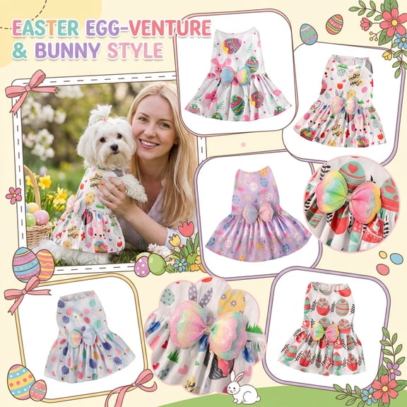 Easter Dog Dress, Breathable Cotton Pet Sundress With Cute Gradient Bow & Festive Egg/Bunny Patterns, For Small Medium Dogs Teddy Bichon Pomeranian Casual Walks Holiday