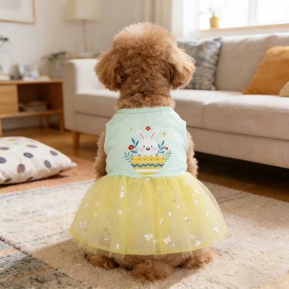 Easter Dog Dress for Extra Small Dog Tulle Puppy Female Skirt Holiday Outfit Stretchable Pet Clothes with Bunny Egg Print Cats