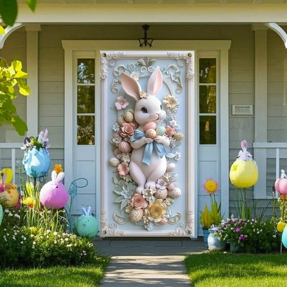 Easter Door Banner Curtn Spring Bunny Eggs Pastel Flowers Bow Decoration Indoor Outdoor HOME Door Hanging Decor for Front Door Party