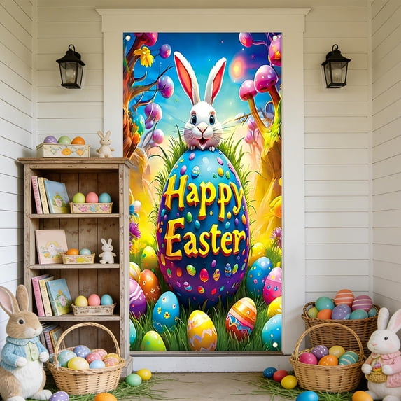 Easter Door Banner Large 35x72 Inch Spring Easter Door Hanging Decor with Colorful Eggs & Bunnies, Wall Tablecloth Festival Party Decoration