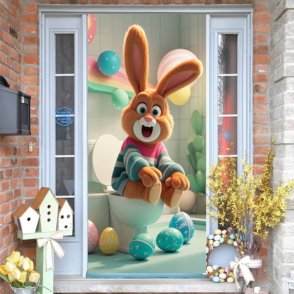Easter Door Cover 70.8"x35.4" Hanging Curtain for Indoor & Outdoor Use – Spring Festival Polyester Cloth Flag Banner for Front Door Holiday Party Decoration