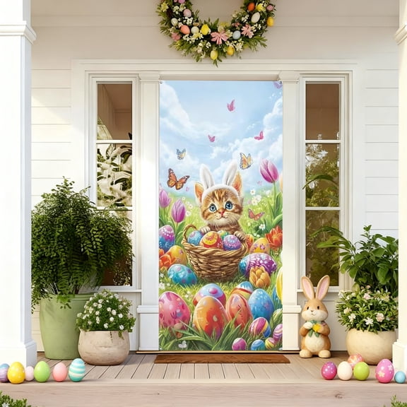 Easter Door Cover 70.9x35.4 Inch, Colorful Bunny Egg Design Polyester Door Decor, Easy Hanging No Tools for Home Office Classroom Party Easter Decoration