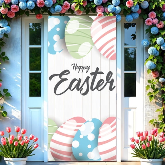 Easter Door Cover Decoration Easter Egg Background Banner Spring Backdrop Photo Booth Prop for Front Door Wall Home Office Party Photography Decor Outdoor Indoor Holiday Easter Party Decorations