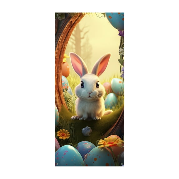 Easter Door Cover, Large Bunny Fabric Door Decoration, Colorful Spring Welcome Decoration for Easter Party Photo Booth Background