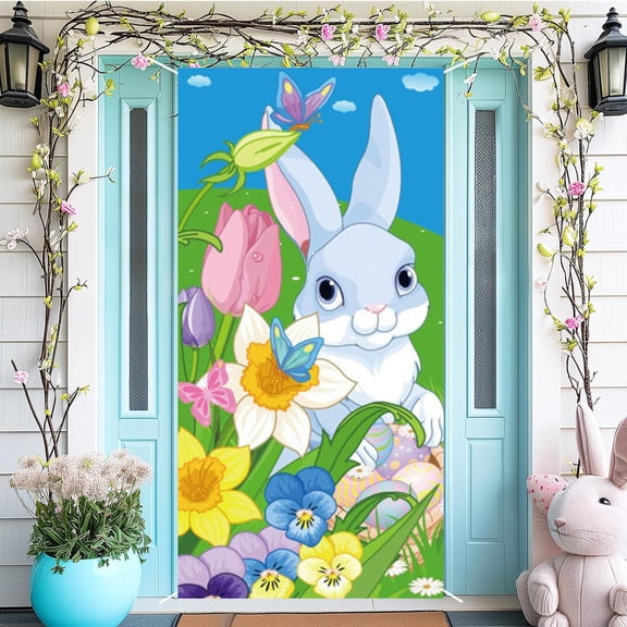 Easter Door Curtain – 35x71in Cute Bunny & Easter Egg Printed Polyester Door Cover for Spring Holiday Decoration, Porch or Entryway Decor