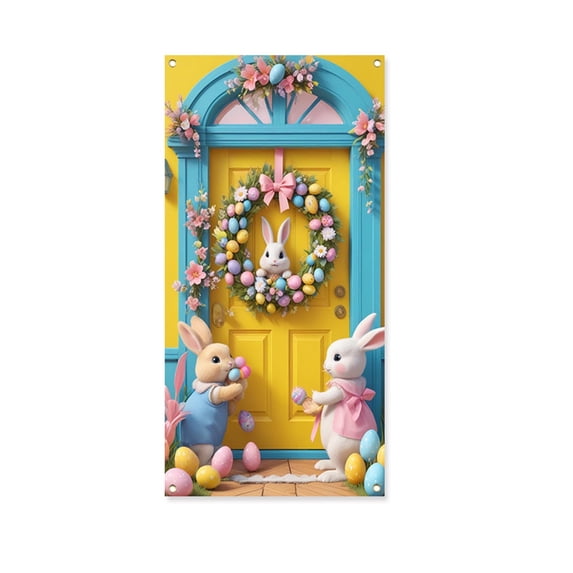 Easter Door Curtain 71x35 Inch, Spring Festive Door Banner with Bunny Eggs Floral Wreath Design, Hanging Decoration for Wall Garden Room, Easter Party Backdrop