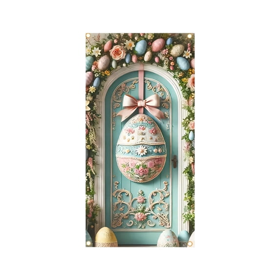 A Easter Door Curtain, Hanging Fabric Decoration With Easter Egg Rabbit Pattern And Polyester Material, For Holiday Party, Store Display, Wall Backdrop 35.43X70.87In 0.24Lb