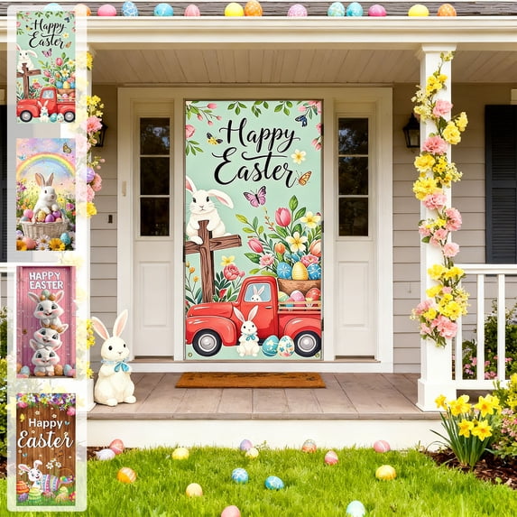 Easter Door Curtain Polyester Hanging Door Cover for Home Classroom Office Party Blue Holiday Decorations(L)