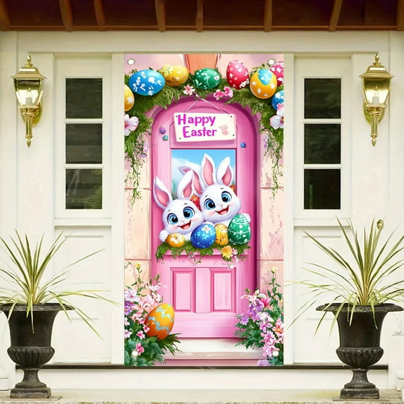 Easter Door Curtain with Bunny and Eggs - Spring Door Decoration Hanging for Indoor Outdoor, Easy Install No Tools Machine Washable Banner