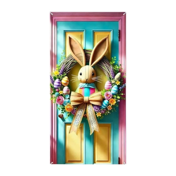 Easter Door Curtain with Egg and Bunny Design Holiday Hanging Banner for Home Wall Window Party Easter Decor