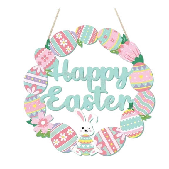 Easter Door Decorations Welcome Wooden Spring Flower Egg Wreath for Front Door Happy Easter Wall Window Hanger Indoor Outdoor Home Spring Hanging Decor