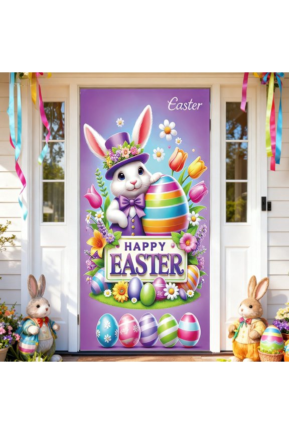 Easter Door Hanger with Adorable and Bunny, Vibrant Spring Door Curtain for Easter Party, Festive Holiday Home Decor, Spring Wreath Alternative, Garden and Porch, Spring Celebrations