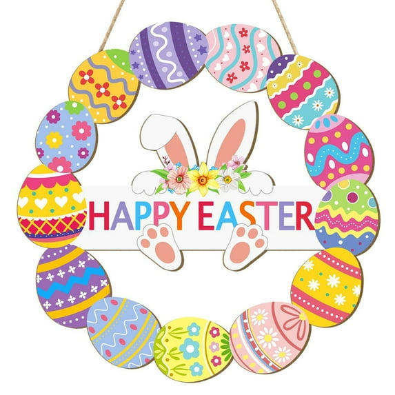 Easter Door Hanging Wreath, Wooden Bunny Egg Porch Decor with Floral Accents for Front Door(A)