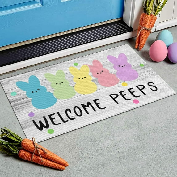 Easter Door Mat Rabbit Welcome Doormat Indoor Outdoor Entrance Non-Slip Floor Mats for Vintage Rustic Yard Home Party Decor 17 X 29 Inch