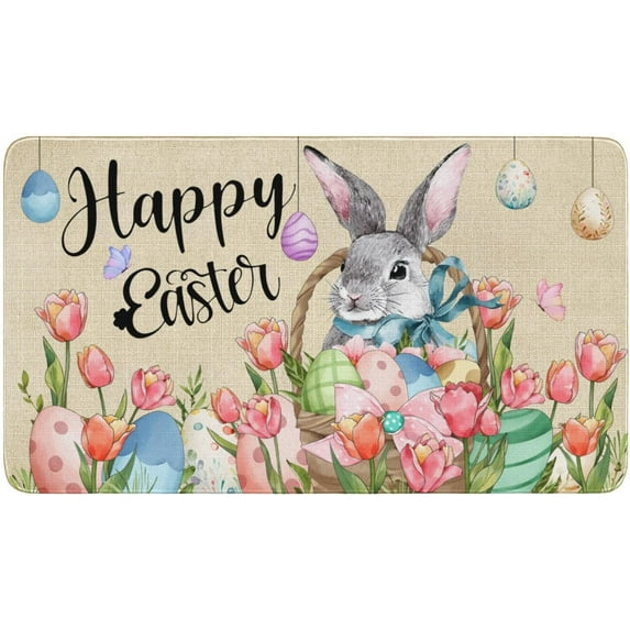 Easter Door Mat,Spring Bunny Eggs Tulip Floral Indoor Outdoor Non-Slip Doormat,Entryway Front Porch Easter Rabbit Welcome Door Mat Colorful for Entrance Decor 30" x 17" (Happy Easter)