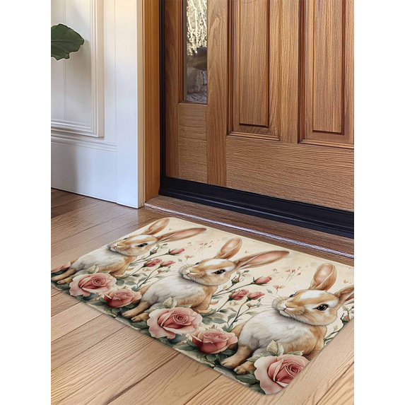 Easter Door Mat&nbsp;Indoor Outdoor Entrance, Non Slip Rug for Kitchen Bathroom Entryway Rug, Cute Bunny Flower Spring Rose Floral Vintage Washable Doormat Floor Mat for Office Home Decor 24x36 Inch
