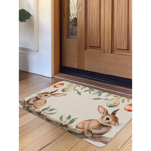 Easter Door Mat Indoor Outdoor Entrance, Non Slip Small Rug for Kitchen Bathroom Entryway Rug, Retro Rabbit Egg Tree Leaves Painting Spring Washable Doormat Floor Mat 16x24 Inch