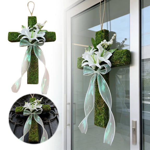 Easter Door Sign Easter Wreath For Front Door Religious Hanger Cross Wreath Wall Decorations Christian Flowers Hanger For Farmhouse Front Porch