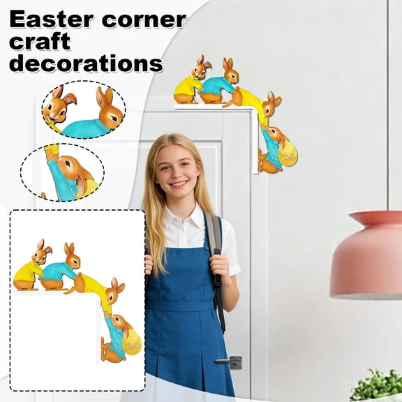 Easter Door Topper Bunny Door Corner Frame Decor Vintage Wooden Easter Bunny Decor - Reversible With Bright Colors, 3 Bunnies Design With Falling Bunny, Easy To Use With Adhesive