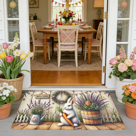 Easter Doormat, Bunny Print Decorative Rug, Trimmable Non-Slip Floor Mat for Holiday Welcoming(E)