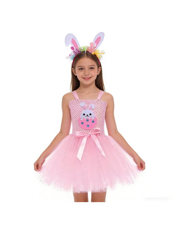 Easter Dress,Bunny Theme Tutu Dress and Matching Headband for Girls,Easter Party Performance Outfit,Tulle Role Play Dress for Stage & Holiday Celebration(Pink,10-12 Years)