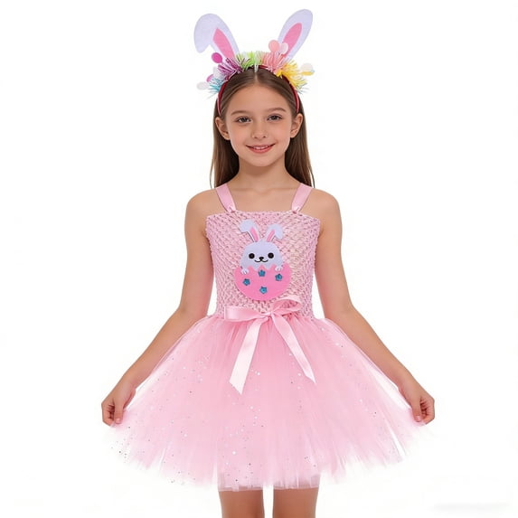 Easter Dress,Bunny Theme Tutu Dress and Matching Headband for Girls,Easter Party Performance Outfit,Tulle Role Play Dress for Stage & Holiday Celebration(Pink,8-9 Years)