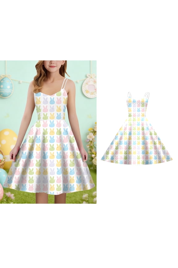 Easter Dress Girls Cute Print Spaghetti Strap A-Line Dress Girls Beach Dress Size 9-10 Years Girls Dress
