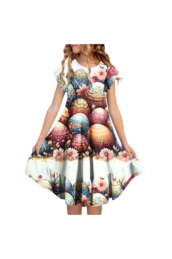 Easter Dress Girls Kids Ruffle Hem Floral Print Short Sleeve Sundress for Spring Party,Size 4-5 T