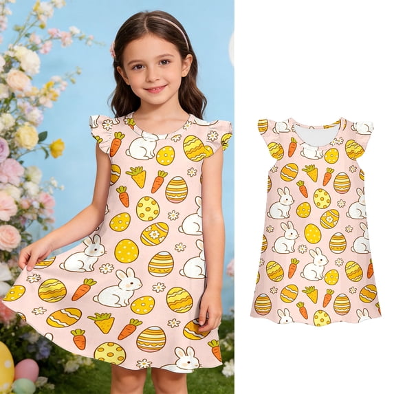 Easter Dress Girls Sleeveless Bunny Easter Egg Print Dress Crew Neck Midi Dress Girls Summer Dresses 8-9 Years Girl Dresses