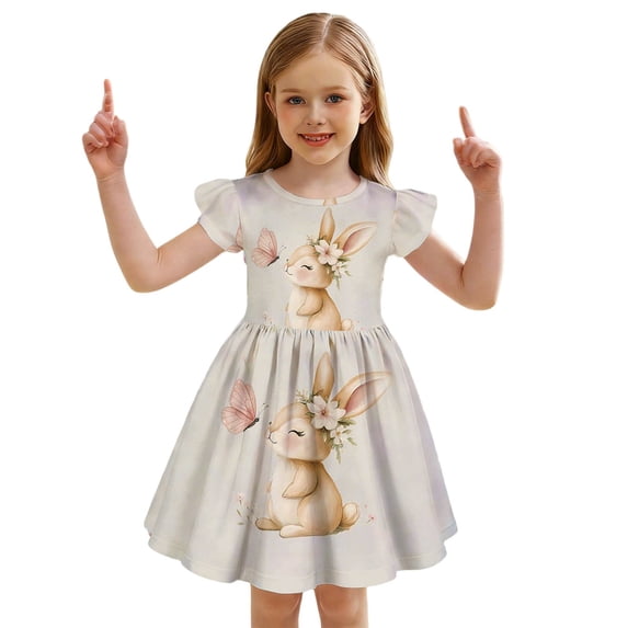 Easter Dress for Girls Bunny Print Flutter Sleeve Party Dress for Toddler Baby Girl Outfit Girls Dresses for Casual Play School Holiday Birthday