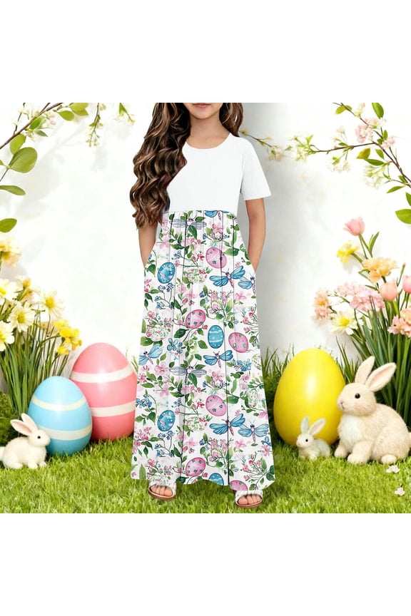 Easter Dress for Girls with Pockets, Short Sleeve Maxi Dress with Elastic Waist for Spring Holiday Church Party,Size 5-6 T