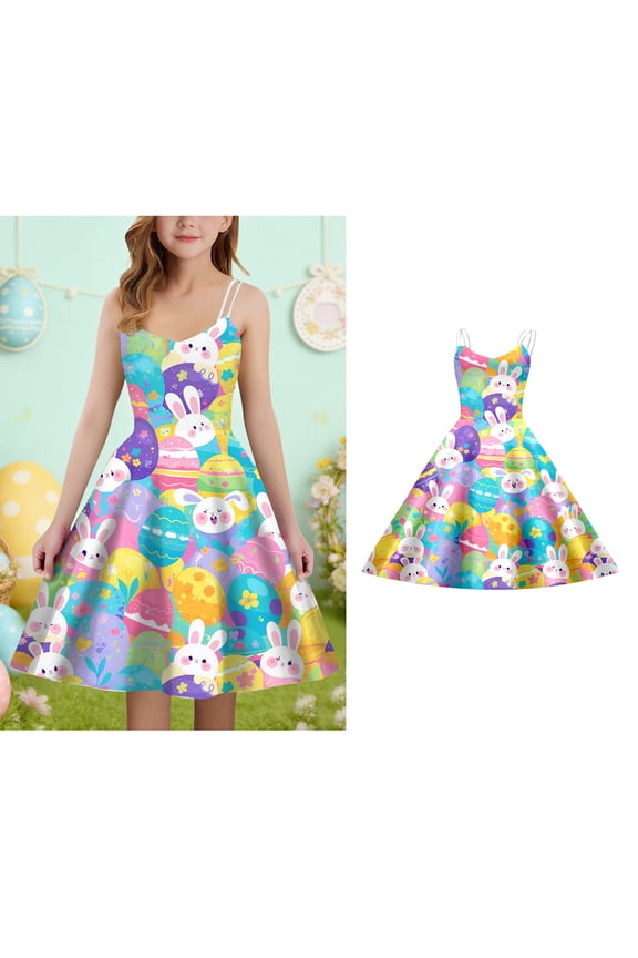Easter Dresses Girls Cute Print Spaghetti Strap A-Line Dress Girl Beach Dress Girl Dresses 7-8 Years