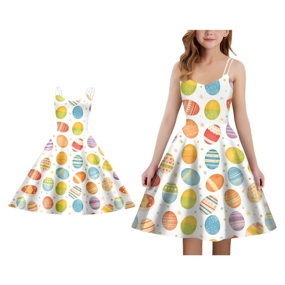 Easter Dresses Girls Cute Print Spaghetti Strap A-Line Dress Summer Dress Girls 7-8 Years Girls Dresses