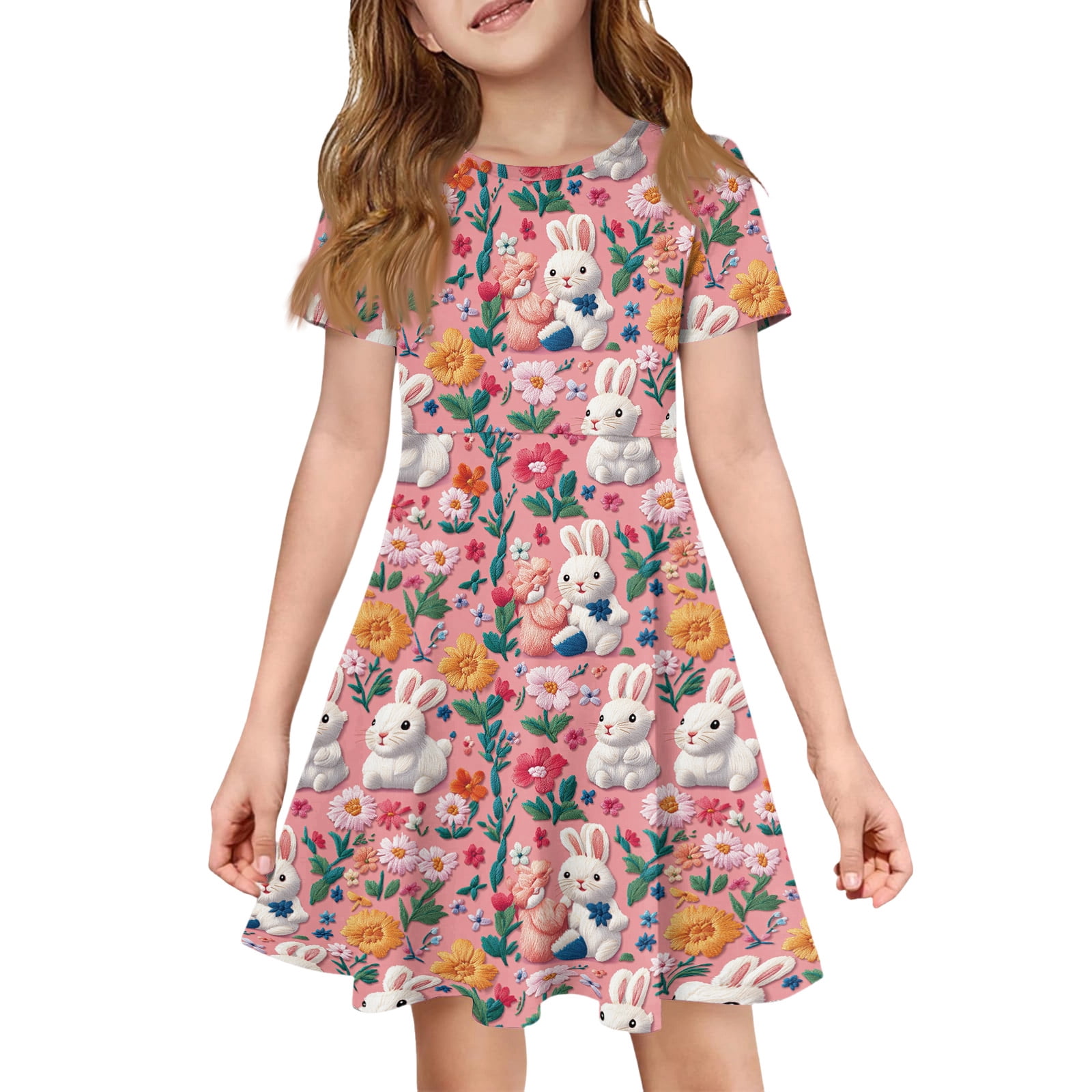 Easter Dresses for Girls Spring Short Sleeve Bunny Print Dress Size 4 ...