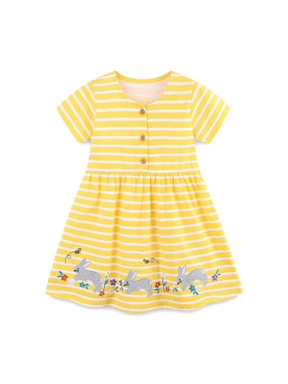 Easter Dresses for Toddlers Size 4T Striped Bunny Embroiderery Button Up Princess Dresses Casual Crewneck Short Sleeve Loungewear Clothes Outfits X06 Yellow 4-5 Years