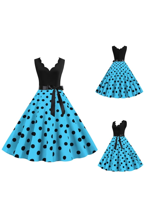 Easter Dresses for Women Polka Dot Dress Ruffle V Neck Sleeveless Retro A Line Birthday Party Prom Dress Casual Cute Summer Clothes with Belt - Sky Blue Size M